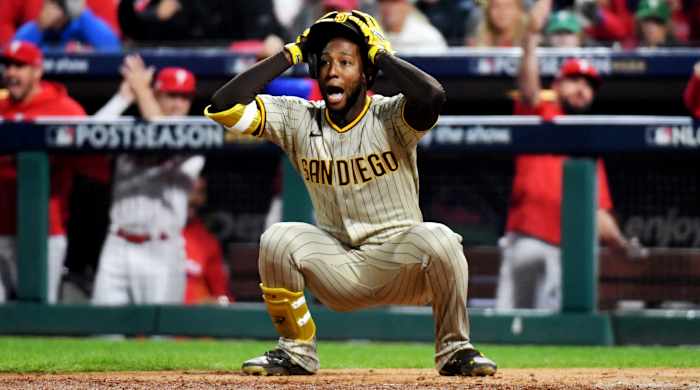 Jurickson Profar reacts after third base umpire Todd Tichenor calls him out for not checking his swing.